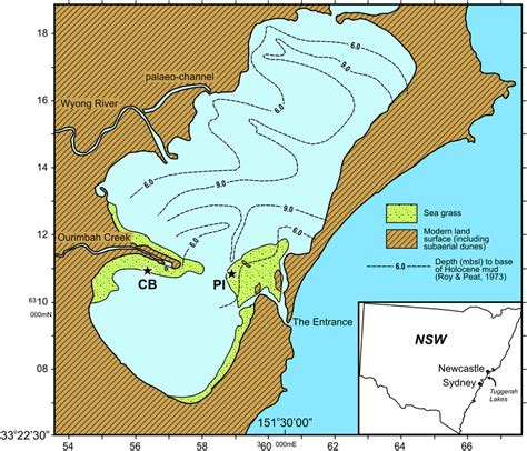 It is triangular in shape, roughly 980 ft × 980 ft × 1,250 ft (300 m × 300 m × 380 m). Map of Tuggerah Lake (NSW, Australia) showing the two ...