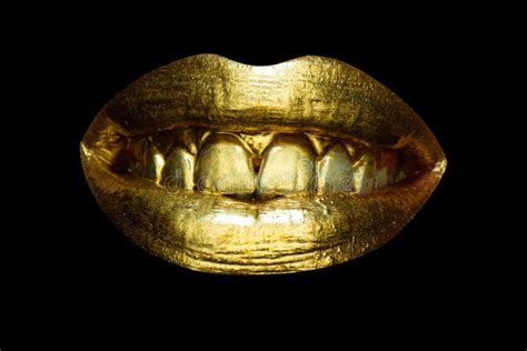 beautiful lipped woman gold mouth sensual golden lips lip shine metalized lip stock image