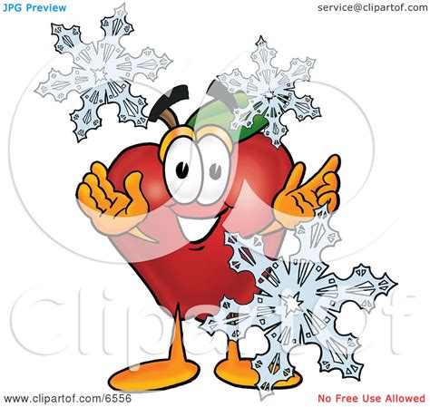 Red Apple Character Mascot With Icy Snowflakes In Winter