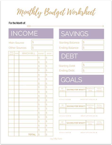 Monthly Budget Worksheet Printable Template