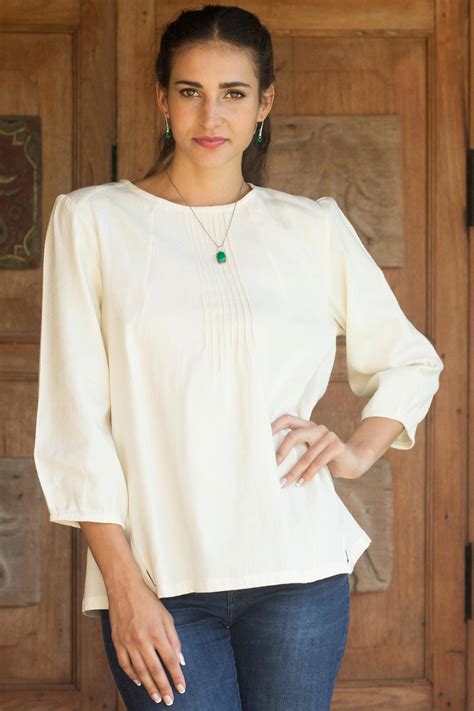 Cotton Blouse In Cream Color Round Neck And Long Sleeves Cream Thai