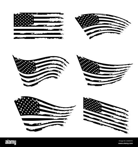 Wavy American Flag Set Black And White Grunge Usa Flag Isolated On