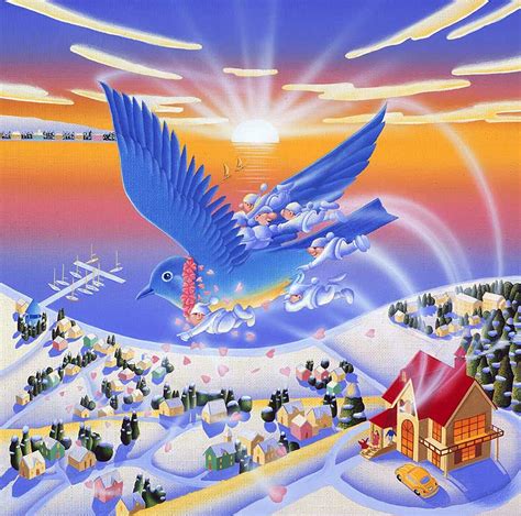 幸せの青い鳥イラスト 幸せを運ぶ青い鳥に乗った妖精と初日の出
