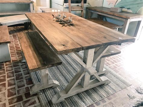 rustic pedestal farmhouse table  benches provincial