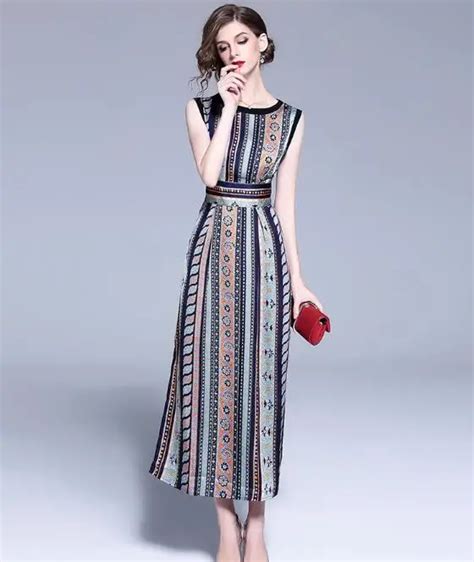 In Stock Vintage Ankle Length Striped Print Summer Dress With Slit O