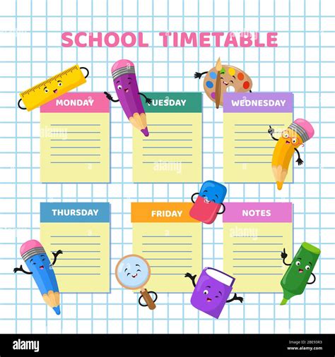 School Timetable With Funny Cartoon Stationery Characters Children