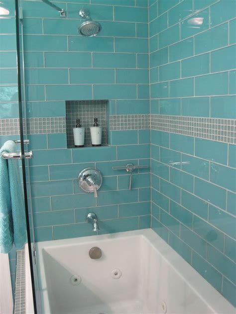 Tile floor in bathroom and floor to ceiling subway tile walls. Aqua Glass 4" x 12" Subway Tile | Small bathroom tiles ...