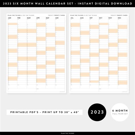 Printable Six Month Giant Wall Calendar Set 2023 Half Year Etsy In