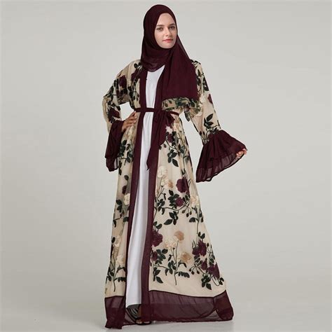 Arabic Floral Abayas Kaftan Dubai Maxi Muslim Women Flower Embroidery