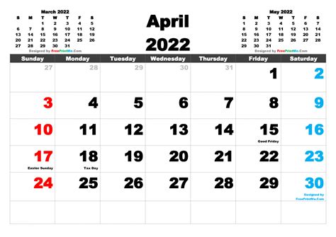 2022 Calendar Printable April Template Calendar Design