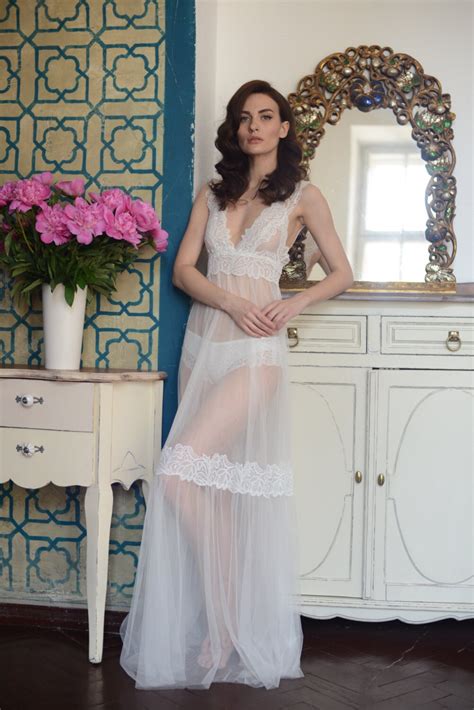 Long White Tulle Bridal Nightgown With Lace F11 Bridal