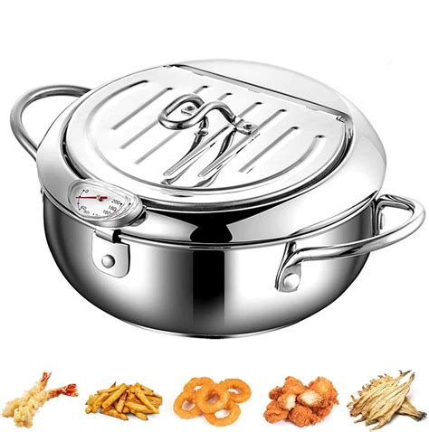 Stainless Steel Tempura Deep Fryer Pot With Thermometer And Oil Drip