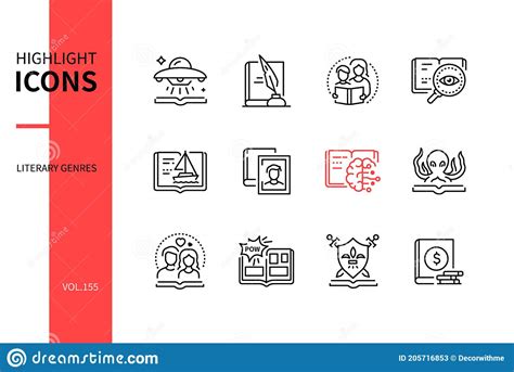 Literary Genres Line Design Style Icons Set Stock Image