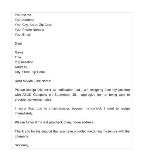 Sample Resignation Letter No Notice 7 Free Documents In Pdf Word