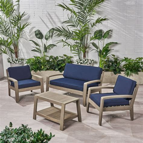 4-Piece Gray Wood Finish Outdoor Furniture Patio Conversation Set ...
