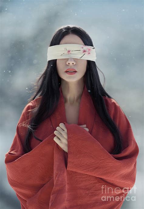 Beautiful Asian Woman With Red Sensual Lips Standing In The Snow