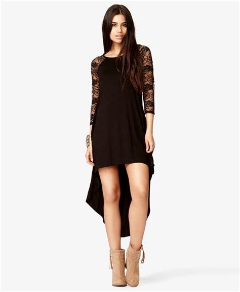 Forever 21 Lace Trimmed High Low Dress In Black Lyst