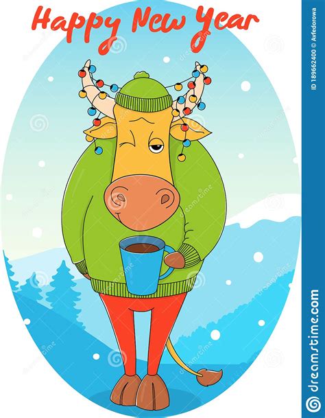 Bull In A Green Sweater With A Cup Of Coffee Stock Vector