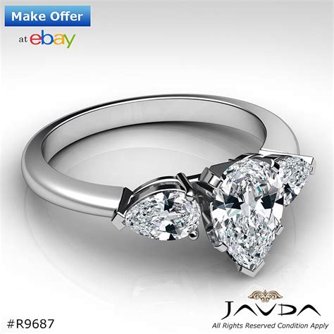 Fine Pear Diamond Three Stone Prong Set Engagement Ring Gia F Vs2