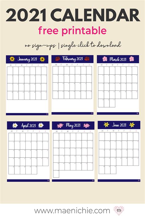 Print monthly and yearly calendar for free. Free Printable 2021 Calendar - Simple Flower (A4 Portrait ...