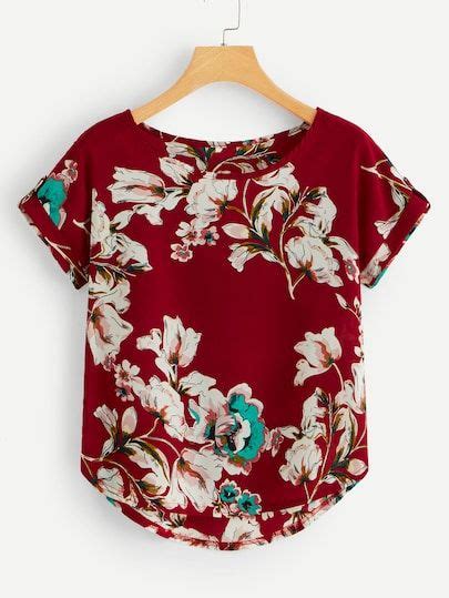 Roll Up Sleeve Curved Hem Floral Blouse Roll Up Sleeves Floral