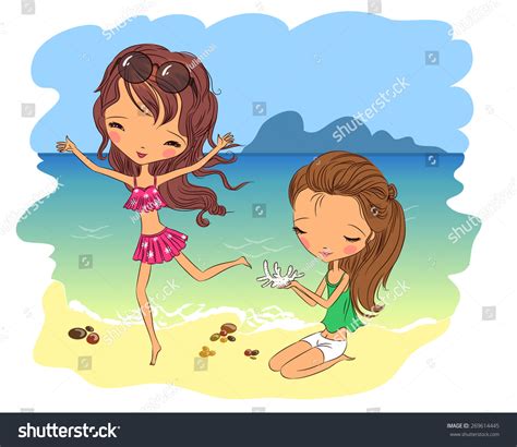 2 Girls On Beach All Images Stock Vector Royalty Free 269614445