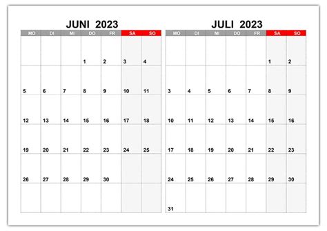 Kalender Für Juni Juli 2023 Kalendersu