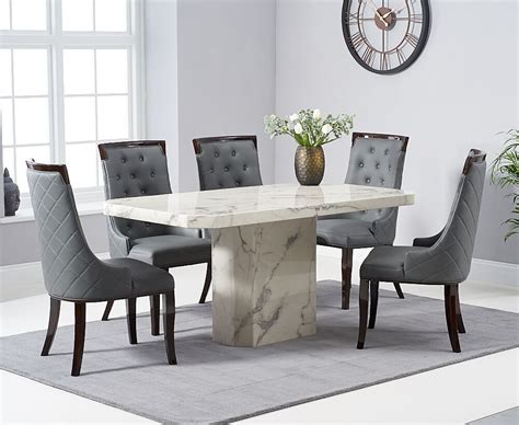 White Grey Veining Marble Dining Table And 6 Chairs Homegenies