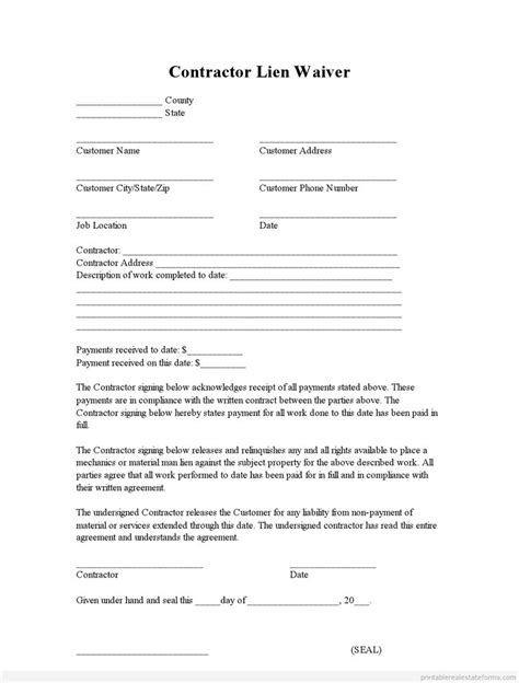 contractor lien waiver form printable real estate forms