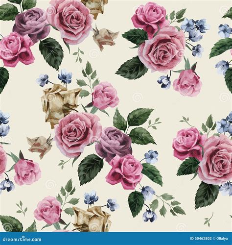 Seamless Floral Pattern With Pink Roses On Light Background Watercolor
