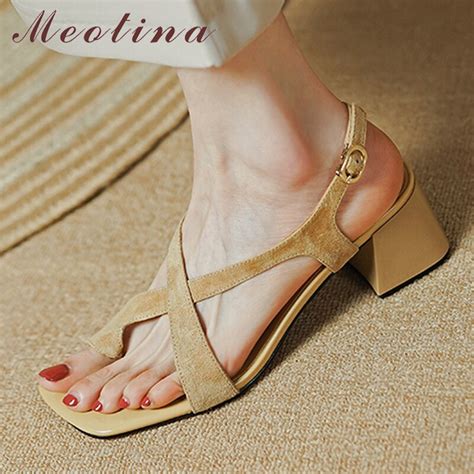 Meotina Women Shoes Genuine Leather Cross Strap Sandals Thick Heel Sandals Buckle Flip Flop High