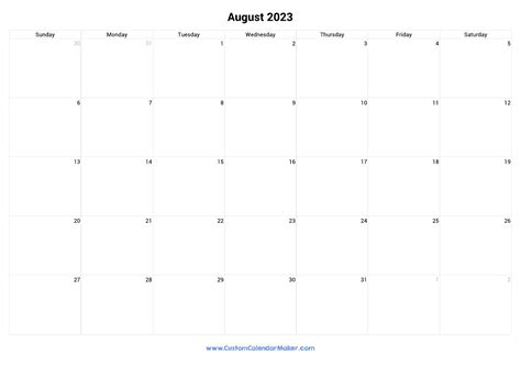 August 2023 Landscape Calendar With Large Boxes