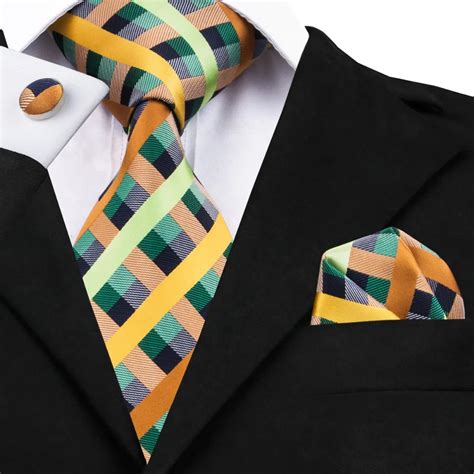 Sn 1063 Green Yellow Plaid Tie Hanky Cufflinks Sets Mens 100 Silk