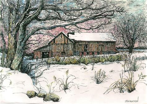 Watercolor And Penandink Winter Barn Art Print Landscape Old Etsy