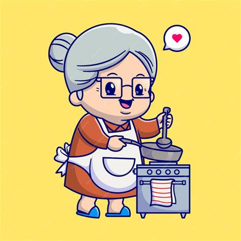 Linda Abuela Cocinando En La Ilustración De Icono De Vector De Dibujos