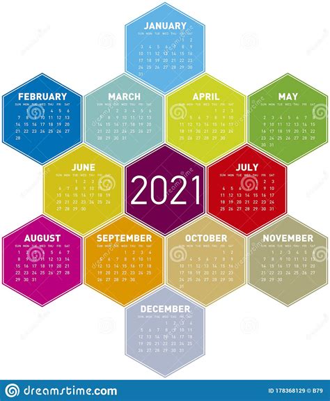 Colorful Calendar Design For Year 2021 In An Hexagonal Pattern In