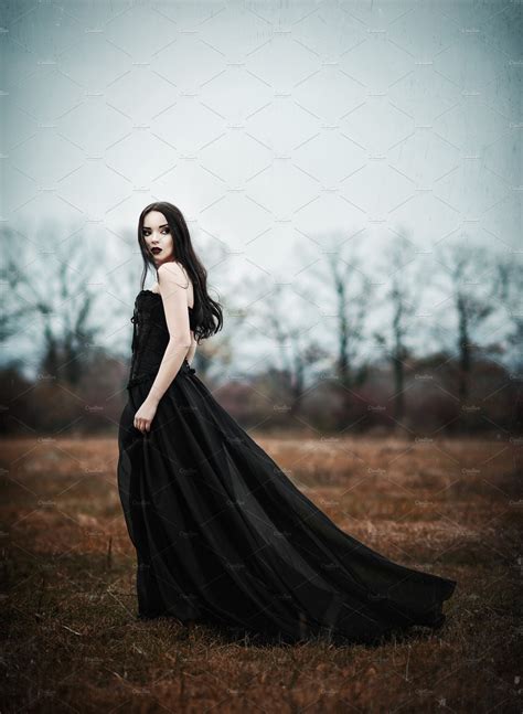 Beautiful Sad Goth Girl In Field High Quality People Images