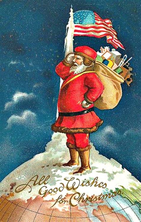 Vintage Christmas Santa On Top Of World With Us Flag Patriotic Series