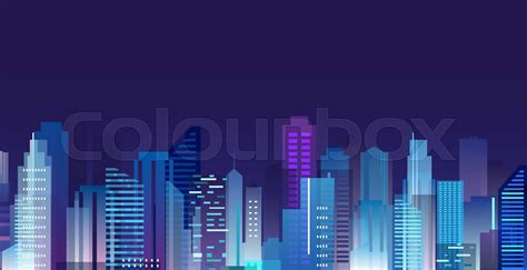 Vector Illustration Of Beautiful Night City Skyscrapers Lights In