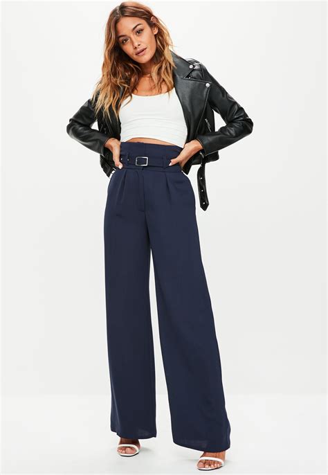 Navy Belted Wide Leg Trousers Missguided