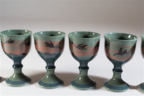 6 Ceramic Wine Goblets Handmade Green And Blue Earthy Vintage Wine Glasses With Flying Ducks