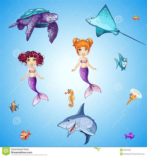 Set Of Cartoon Underwater Inhabitants Mermaids Fish Skulls And Other