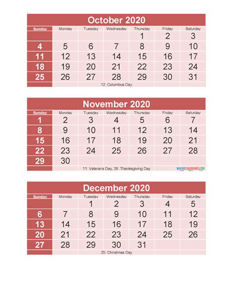 Free Printable 3 Month Calendar 2020 October November December Free