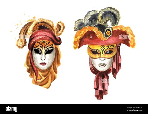 Venetian Carnival Masks Italy Venice Set Hand Drawn Watercolor