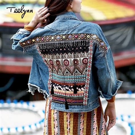 Teelynn Denim Female Jacket Autumn Vintage Ethnic Appliques Embroidery Tassel Loose Coat Long