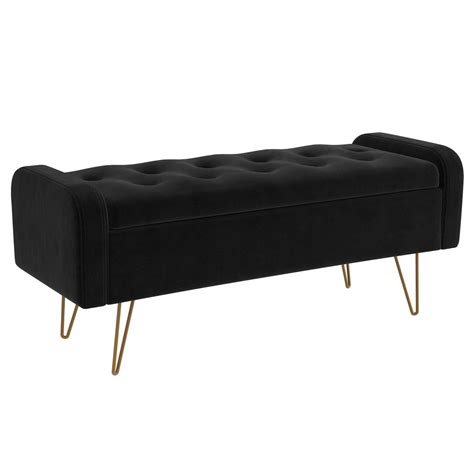 Modern Velvet And Metal Storage Ottomanbench In Black And Gold Leg