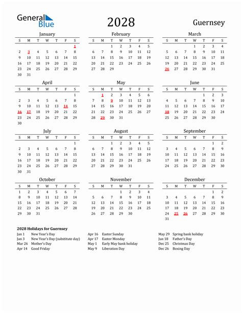 Free Guernsey Holidays Calendar For Year 2028