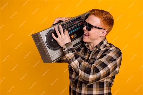 Premium Photo Photo Of Young Cheerful Guy Hold Shoulder Boombox Party