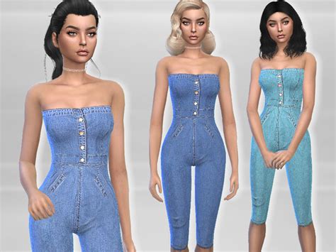 Strapless Denim Jumpsuit By Puresim Sims 4 Female Clothes
