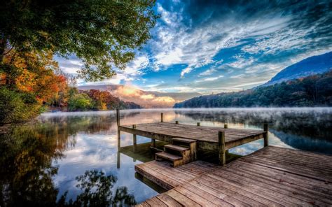 Lake Nature Sunset Mountain Fall Pier Forest Mist Water Reflection Sky Clouds Trees Landscape